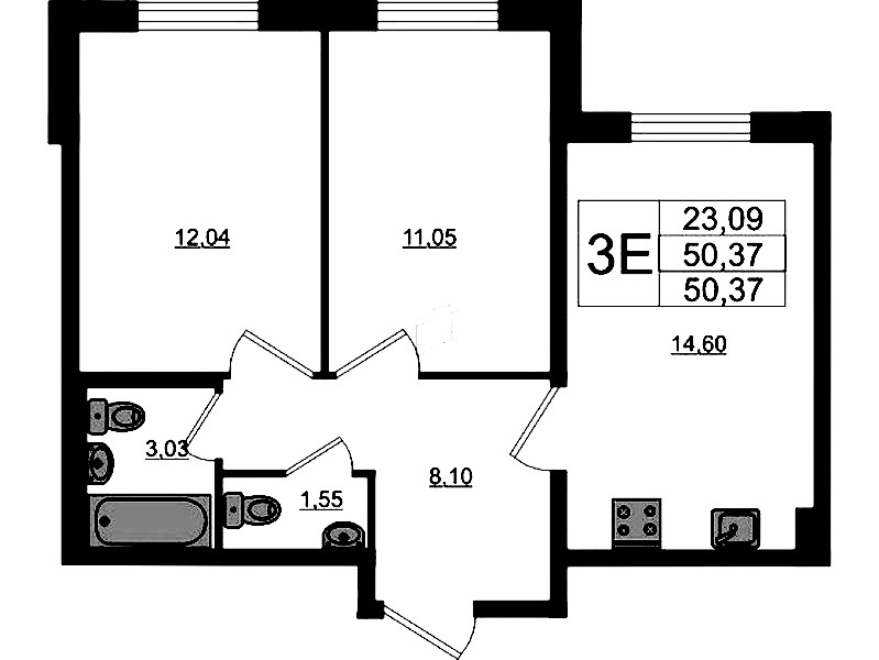 2-комнатная квартира 50.37 м², 2/17 эт., ЖК «Стороны Света 2»